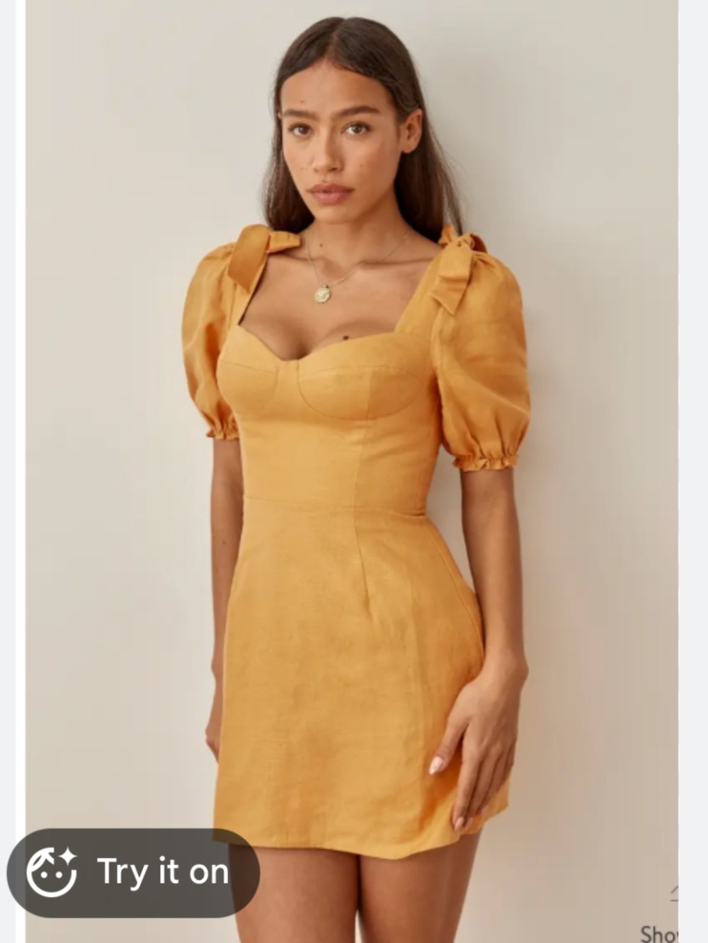 NWOT Reformation | 100% linen, Mustard Puff-Sleeve Mini‎ Dress